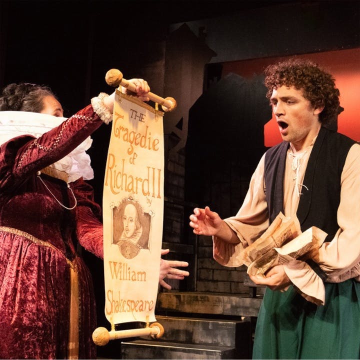 Production of Something Rotten featuring Nick Bottom gasping at scroll showing Shakespeare is producing Richard III	